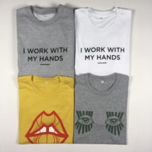 Graphic illustration on t-shirts and sweats.